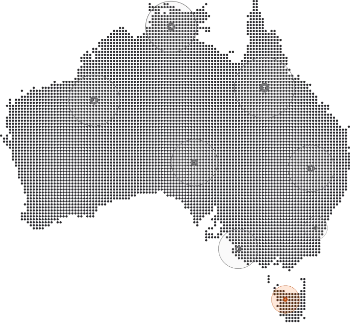 Map of Australia highlighted with multiple circular markers in various locations across the country.